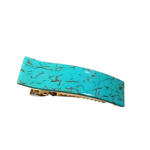Turquoise Blue Crackle Hair Clip Barrette Gold Tone Metal Retro Color